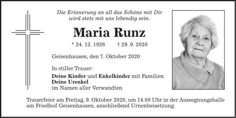 Traueranzeige Maria Runz