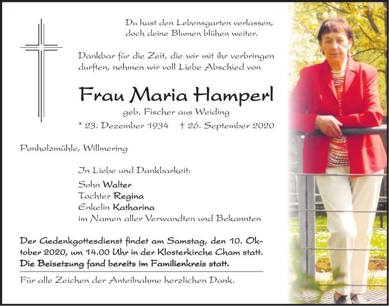 Traueranzeige Maria Hamperl