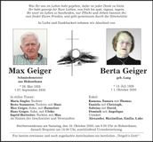 Traueranzeige Max und Berta Geiger