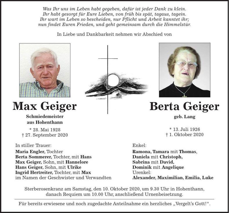 Traueranzeige Max und Berta Geiger