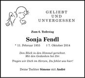 Traueranzeige Sonja Fendl