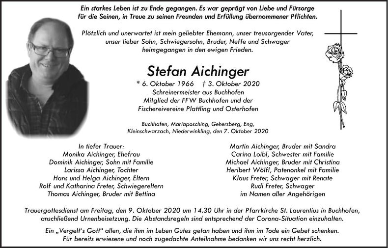 Traueranzeige Stefan Aichinger