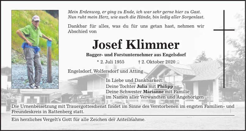 Traueranzeige Josef Klimmer