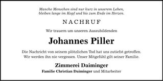 Traueranzeige Johannes Piller