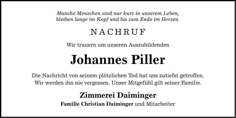 Traueranzeige Johannes Piller
