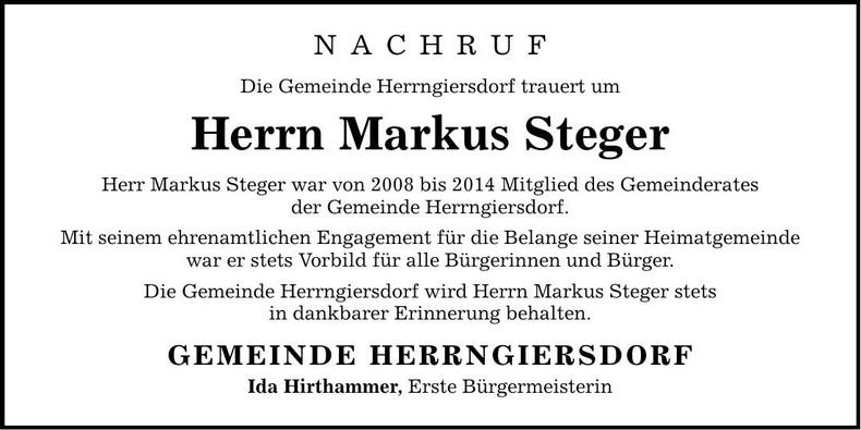 Traueranzeige Markus Steger