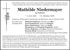 Traueranzeige Mathilde Niedermayer