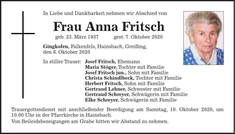 Traueranzeige Anna Fritsch