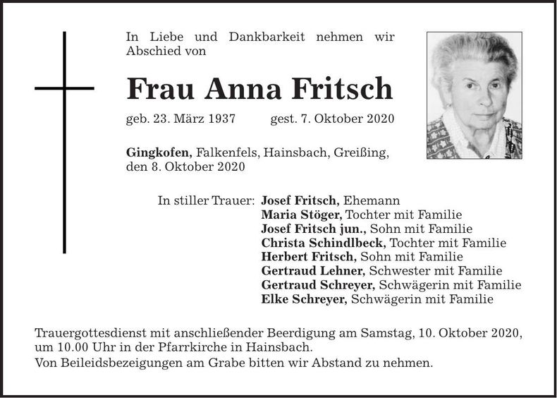 Traueranzeige Anna Fritsch