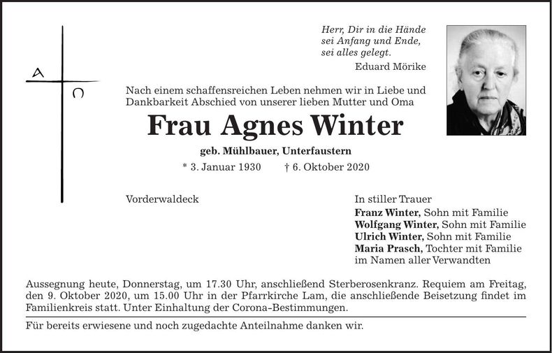 Traueranzeige Agnes Winter