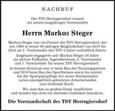 Traueranzeige Markus Steger