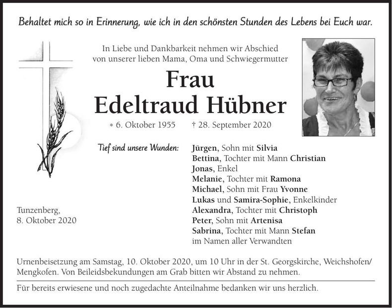 Traueranzeige Edeltraud Hübner