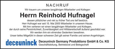 Traueranzeige Reinhold Hufnagel