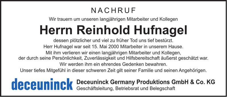 Traueranzeige Reinhold Hufnagel
