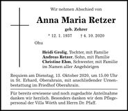 Traueranzeige Anna Maria Retzer