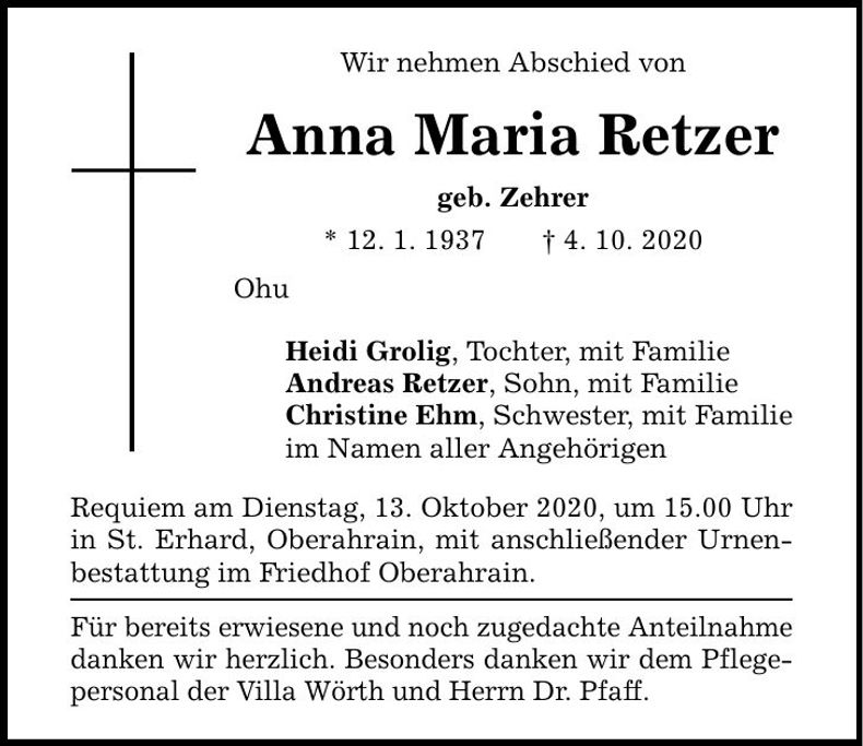 Traueranzeige Anna Maria Retzer