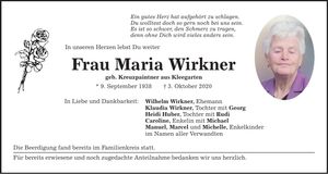 Traueranzeige Maria Wirkner