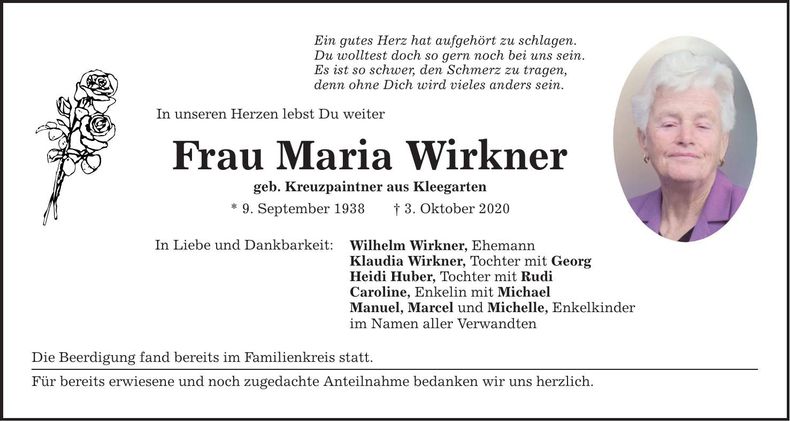 Traueranzeige Maria Wirkner