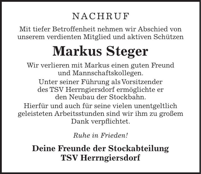 Traueranzeige Markus Steger