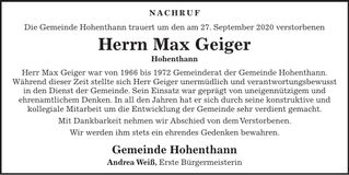 Traueranzeige Max Geiger