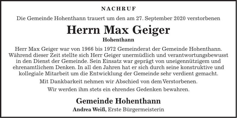 Traueranzeige Max Geiger