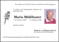Traueranzeige Maria Mühlbauer