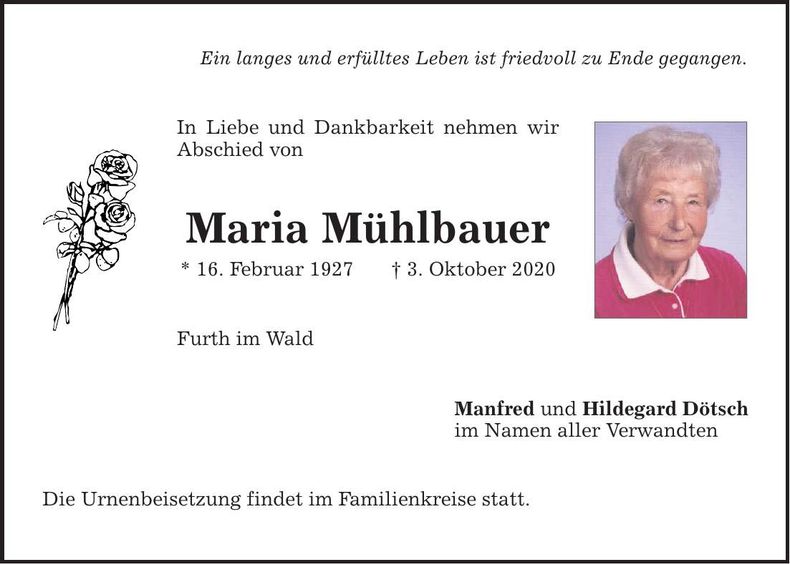 Traueranzeige Maria Mühlbauer