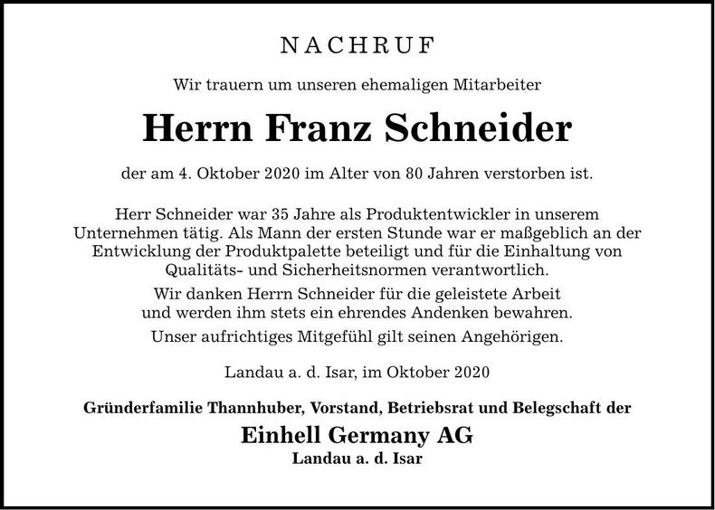 Traueranzeige Franz Schneider