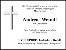 Traueranzeige Andreas Weindl