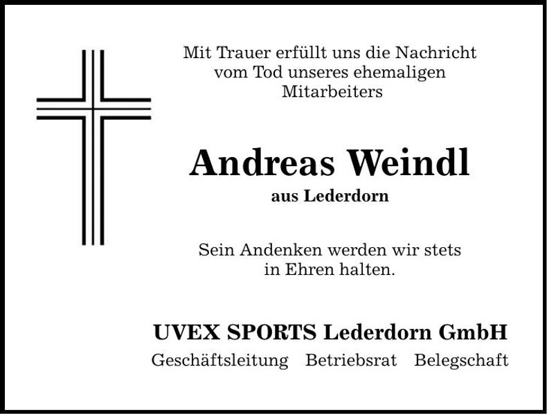 Traueranzeige Andreas Weindl