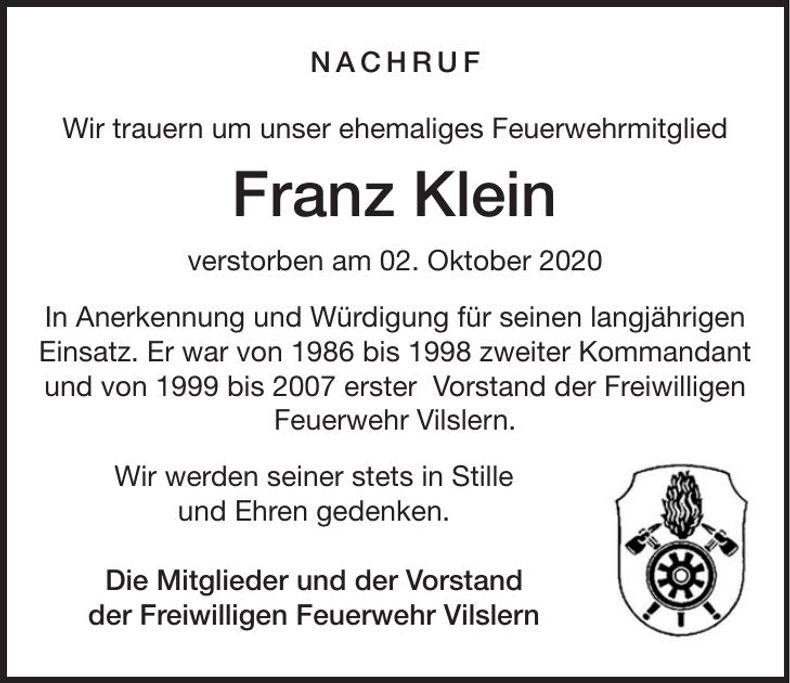 Traueranzeige Franz Klein