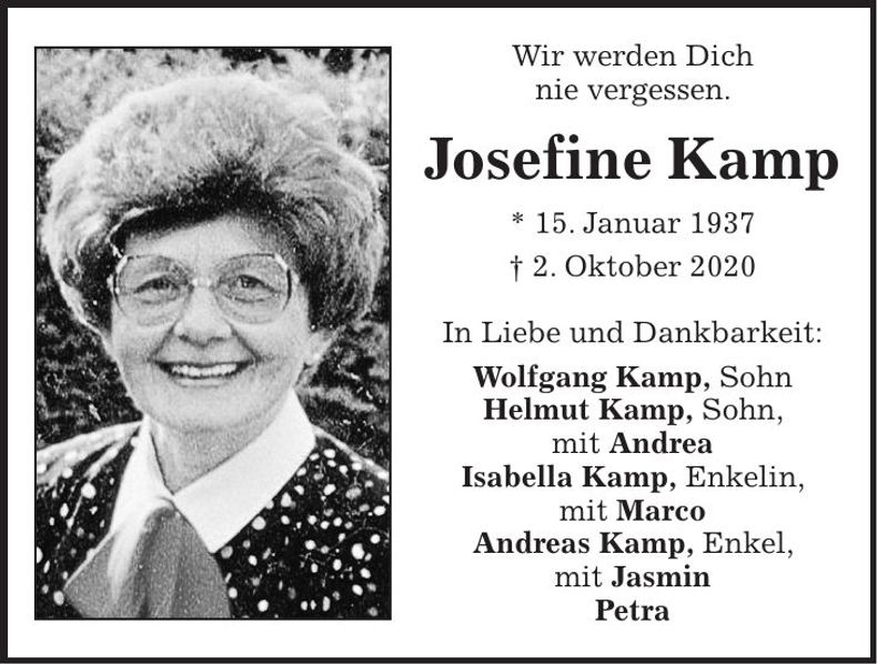 Traueranzeige Josefine Kamp