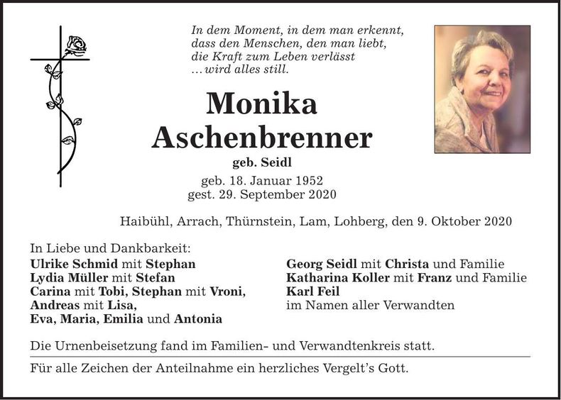 Traueranzeige Monika Aschenbrenner