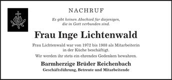 Traueranzeige Inge Lichtenwald