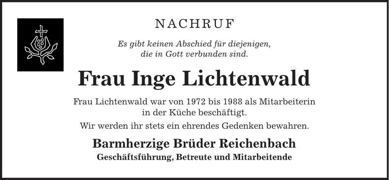 Traueranzeige Inge Lichtenwald