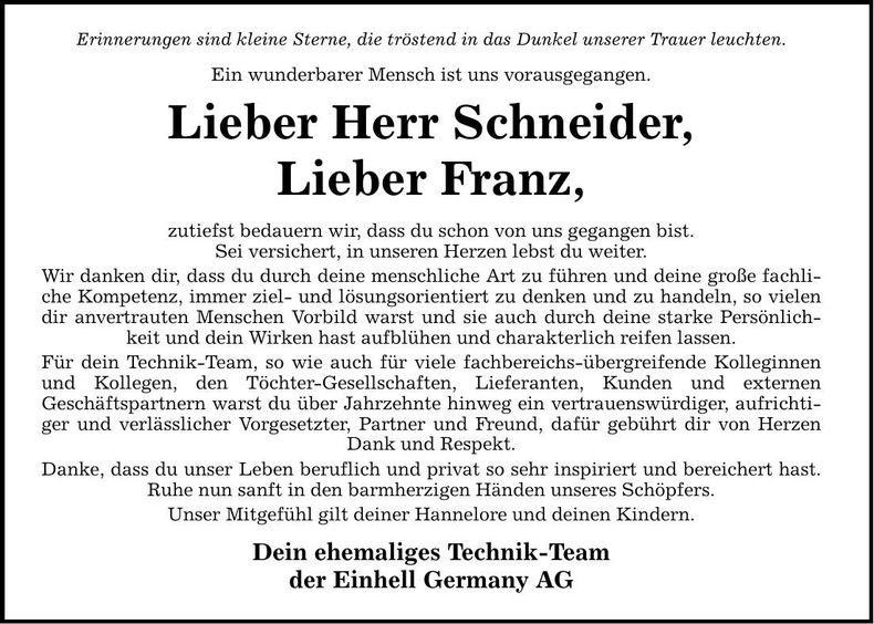 Traueranzeige Franz Schneider
