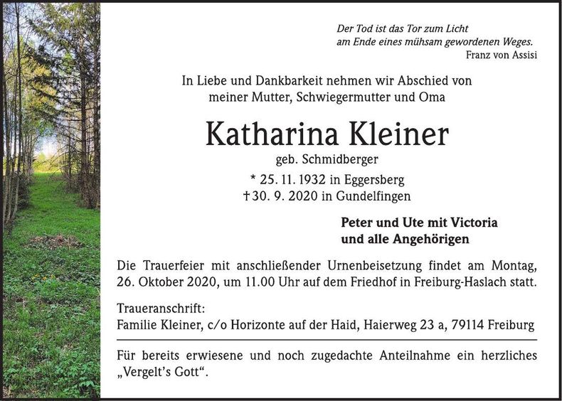 Traueranzeige Katharina Kleiner
