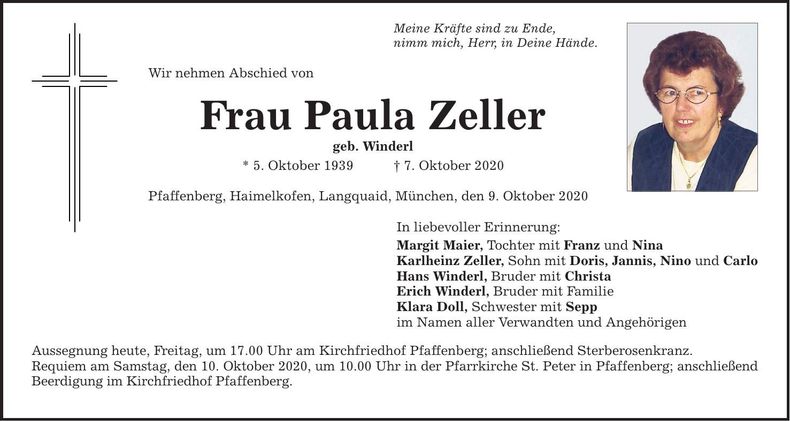 Traueranzeige Paula Zeller