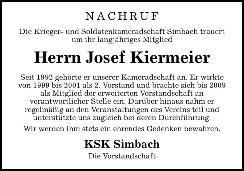 Traueranzeige Josef Kiermeier