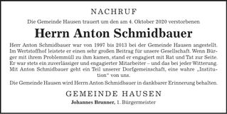 Traueranzeige Anton Schmidbauer