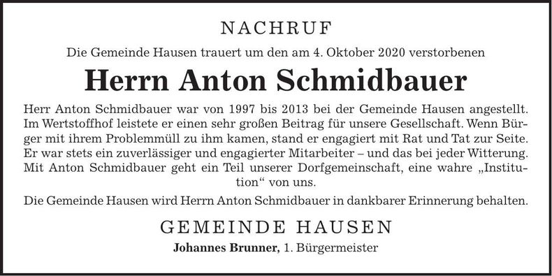 Traueranzeige Anton Schmidbauer