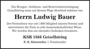Traueranzeige Ludwig Bauer