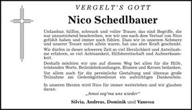 Traueranzeige Nico Schedlbauer