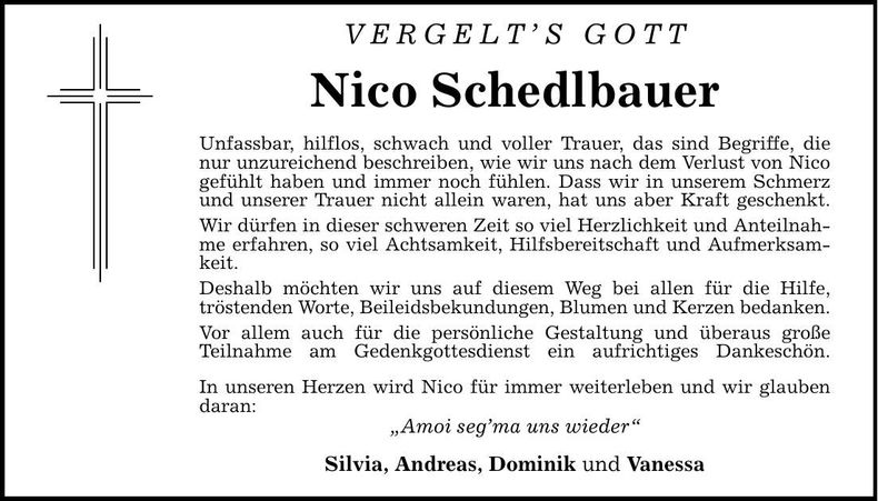 Traueranzeige Nico Schedlbauer