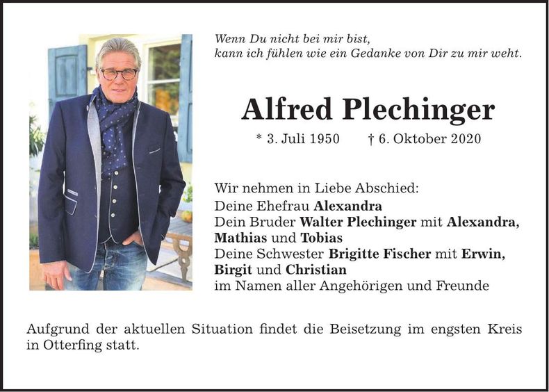 Traueranzeige Alfred Plechinger