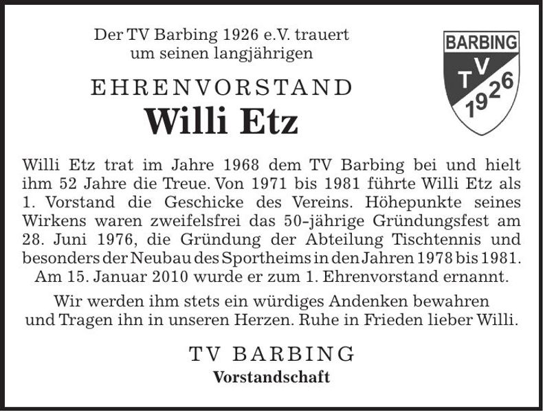 Traueranzeige Willi Etz