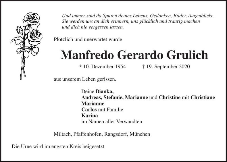 Traueranzeige Manfredo Gerardo Grulich