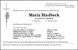 Traueranzeige Maria Haslbeck