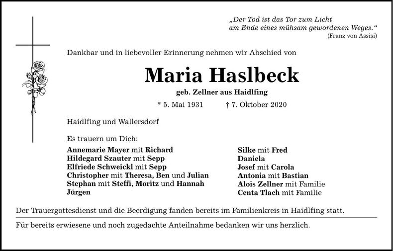 Traueranzeige Maria Haslbeck