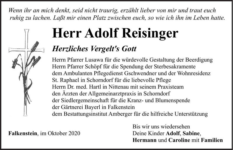 Traueranzeige Adolf Reisinger